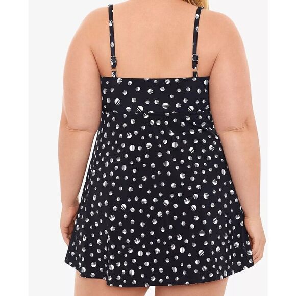 542 Swim Solutions Empire-Banded Tummy-Control Swimdress BLACK DOT sz 20W new - Picture 2 of 2